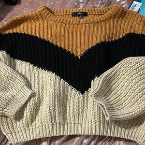Lulu's Women's Chevron Knit Sweater - Mustard, Black, Cream